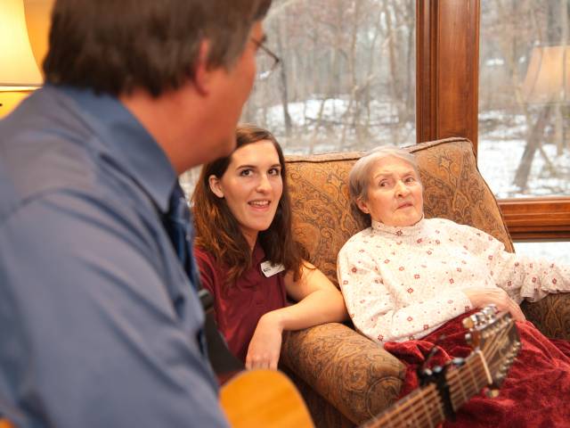 Pastor Don visits twice a month to sing and play his guitar with us.  He does hymns as well as some of the old favorites like "Take Me Out to the Ballgame", which no one can resist!